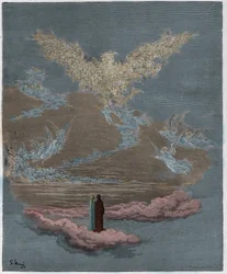 Paradiso, Canto 19: As almas abençoadas formam uma águia no céu, ilustração da Divina Comédia de Dante Alighieri, 1885 (gravura digital colorida)